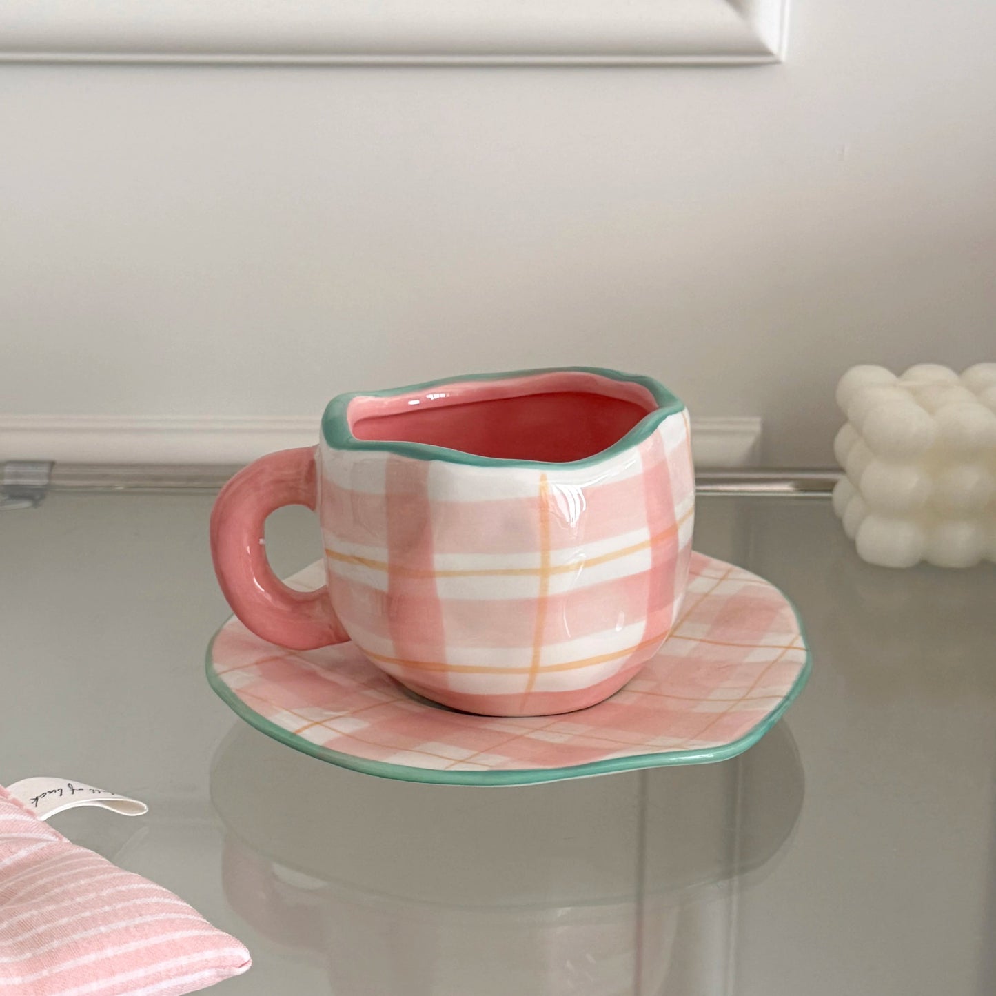 1Pc280Ml Original Design Scandinavian Style Hand-Kneaded Ceramic Coffee Cup and Saucer Multi-Color Plaid Heart Blue Sky and White Clouds Flower Mug Suitable for Afternoon Tea Milk Cup and Saucer Latte Cup Dessert Plate Cup an Good Vibrations