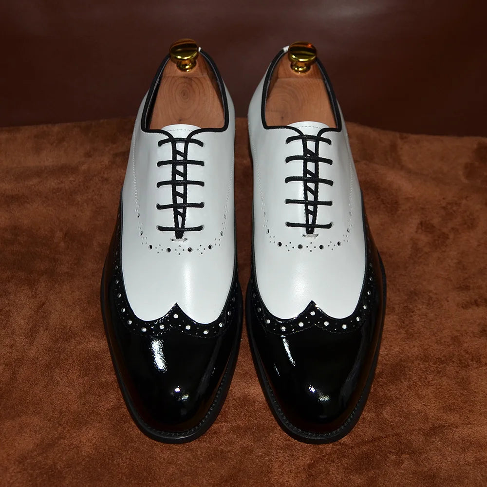 Formal Oxfords Shoes for Men White Black Real Cow Patent Leather Business Lace-up Wingtip Toe Brogue Wedding Mens Dress Shoes Good Vibrations