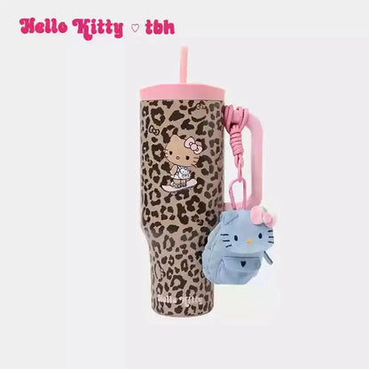 TBH Leopard Print Kitty Series Straw Thermos Cup Travel Sports Water Bottle Stainless Steel Cold Insulation Cup Girls Gift Good Vibrations