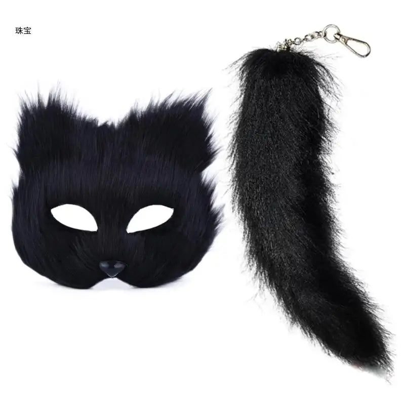 Faux Furs Foxes Tail Cats Mask Therian Mask and Tail Halloween Cosplays Party GOOD Vibrations