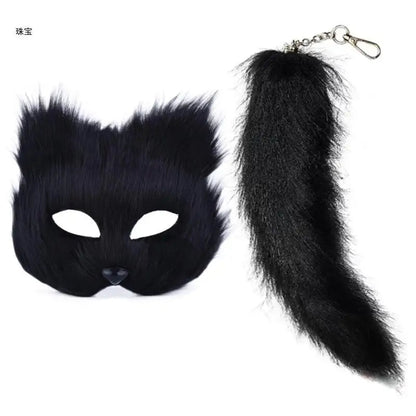 Faux Furs Foxes Tail Cats Mask Therian Mask and Tail Halloween Cosplays Party GOOD Vibrations