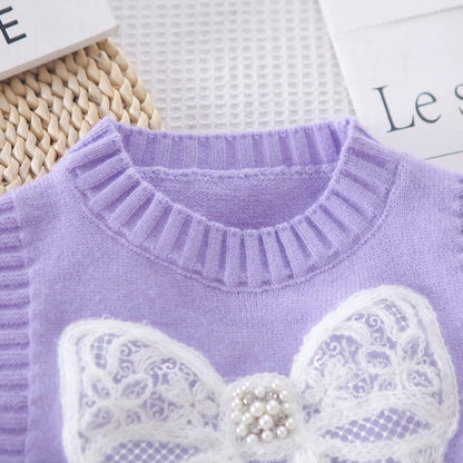 2025 Spring New Girls Clothing Set 1-5Y Girls Suit Solid Shirt Matched Bow Knit Vest And Blue Jeans 3 PCs Girls Suit Good Vibrations