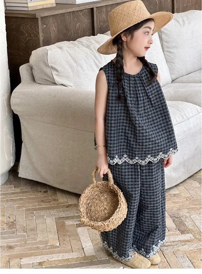 Girls' Summer Outfit New Kids Temperament Plaid Lace Vest+Wide Leg Pants Two-piece Set Trendy Children's Clothing Sets Good Vibrations