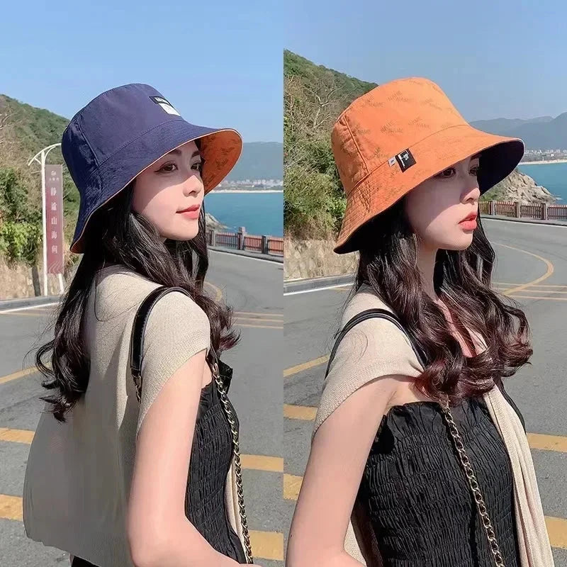 Double-sided Wear Women Bucket Hat Korean Fashion Letter Print Fisherman Hats For Girl Summer Outdoor Beach Basin Cap Good Vibrations
