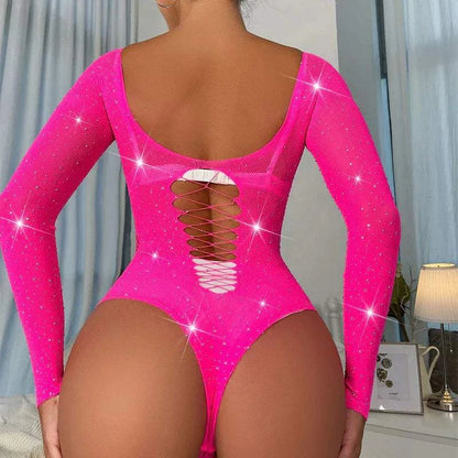 Women’s pink rhinestone bodysuit with long sleeves and hollow back design.