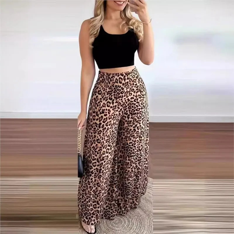 Women Two Piece Sets Outfits 2024 Summer Fashion Square Neck Sleeveless Crop Tank Top & Leopard Print Pocket Wide Leg Pants Set Good Vibrations