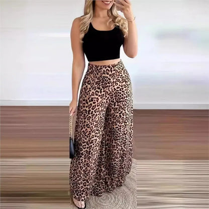 Women Two Piece Sets Outfits 2024 Summer Fashion Square Neck Sleeveless Crop Tank Top & Leopard Print Pocket Wide Leg Pants Set Good Vibrations