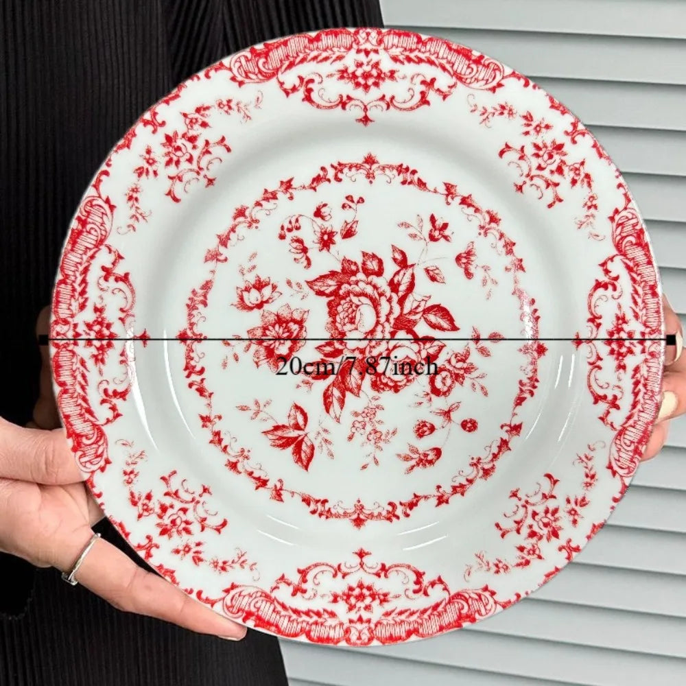 Dinner Set Retro Nordic Flower Pattern Disc Ceramic Elegant Dinner Plate Exquisite Round Shallow Plate Kitchen Good Vibrations