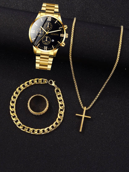 4pcs gold alloy Roman with calendar men's quartz watch and cross necklace bracelet ring set selected gift Good Vibrations