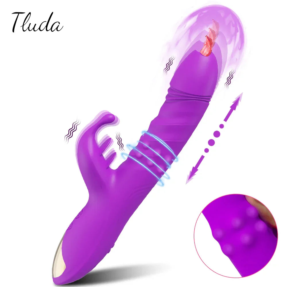 Thrusting rabbit vibrator for women, clitoris and G-spot stimulator, medical silicone sex toy.
