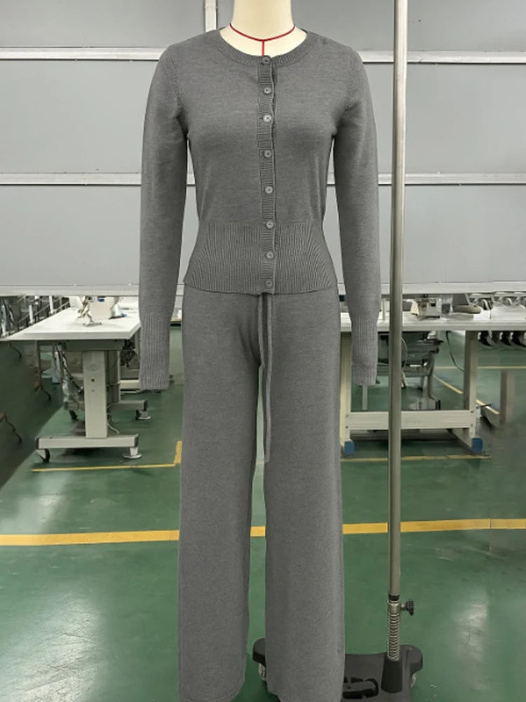 Tornova 2025 Fall Winter Knitted Suit Solid Cardigan Top Women's O neck Knitted Sweater Straight Trousers Two Piece Set Casual Good Vibrations