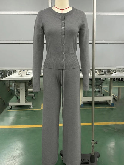 Tornova 2025 Fall Winter Knitted Suit Solid Cardigan Top Women's O neck Knitted Sweater Straight Trousers Two Piece Set Casual Good Vibrations