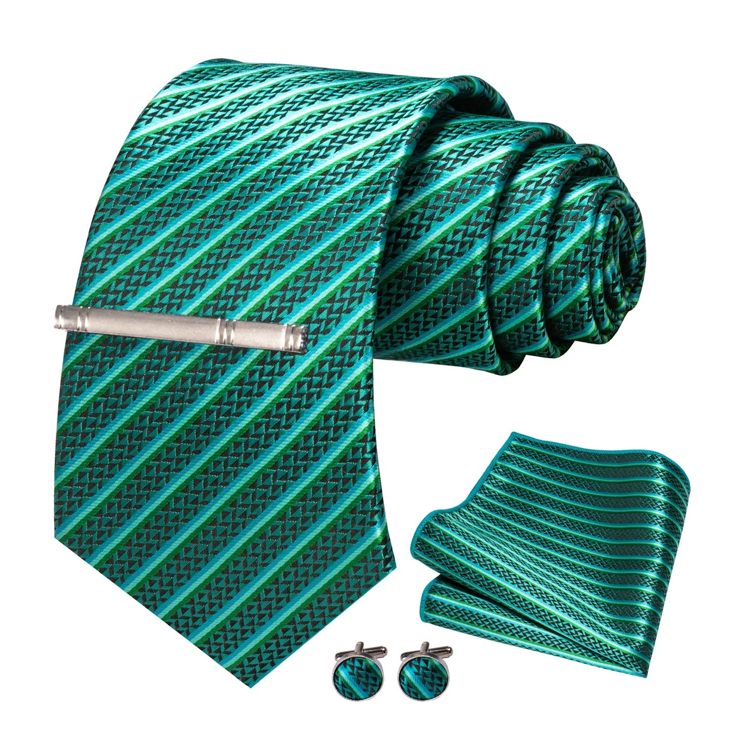 8cm Silk Mens Ties Green Black Ties plaid stripe NeckTie Pocket Square Cufflinks Tie clips Set Men's Wedding business Party Tie Good Vibrations