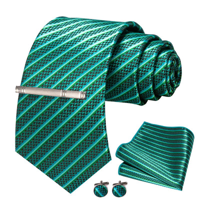 8cm Silk Mens Ties Green Black Ties plaid stripe NeckTie Pocket Square Cufflinks Tie clips Set Men's Wedding business Party Tie Good Vibrations