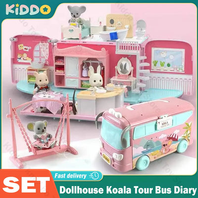 Dollhouse Koala Tour Bus Diary Girl Play House Toy Diy Be0r Dining Kitchen Bathroom Shop Pretend Family Toys Girls