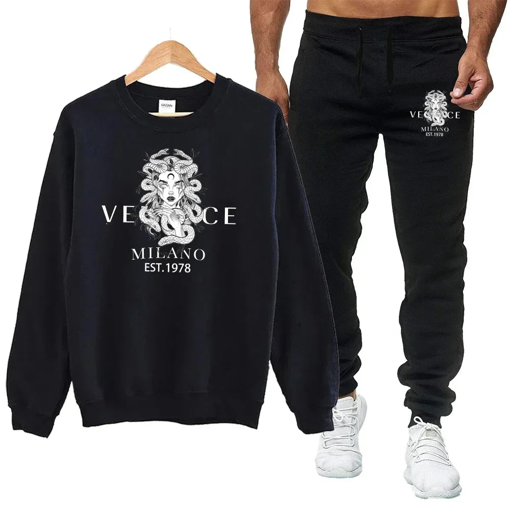 Men's Autumn Round Neck Sweatshirt + Sweatpants Luxury Print Simple Casual Versatile Casual Sports Two-piece Set for Men Good Vibrations