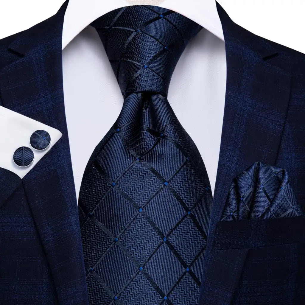 Hi-Tie Navy Blue Solid Paisley Silk Wedding Tie For Men Hanky Cufflink Mens Necktie Set Business Party New Design Dropshipping Good Vibrations
