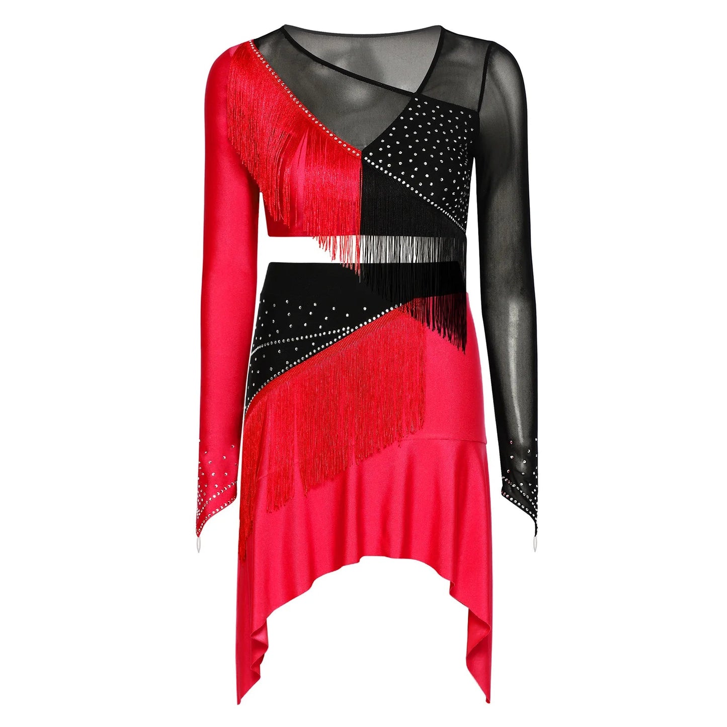 Women Lyrical Dance Outfit Set Modern Contemporary Dancewear Tassel Long Sleeve Mesh Crop Top with Skirted Leotard Ballet Outfit Good Vibrations