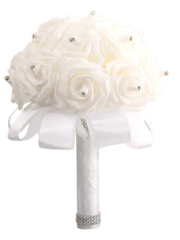 1Pc Rose Bouquet Bridal Wedding PE Foam Flower Ribbon Wedding Simulation Bouquet With Faux Crystal for Party Church Decor Good Vibrations