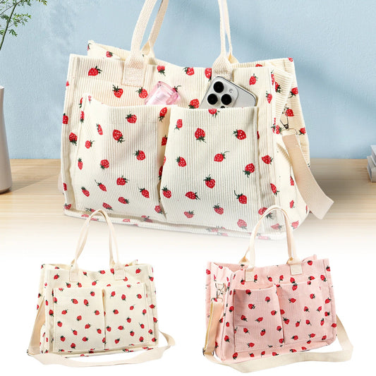 Tote Bag Cute Strawberry Patched Purse for Women Fabric Large Capacity Tote Purse Enduring Tote Bag with Adjustable Shoulder Good Vibrations