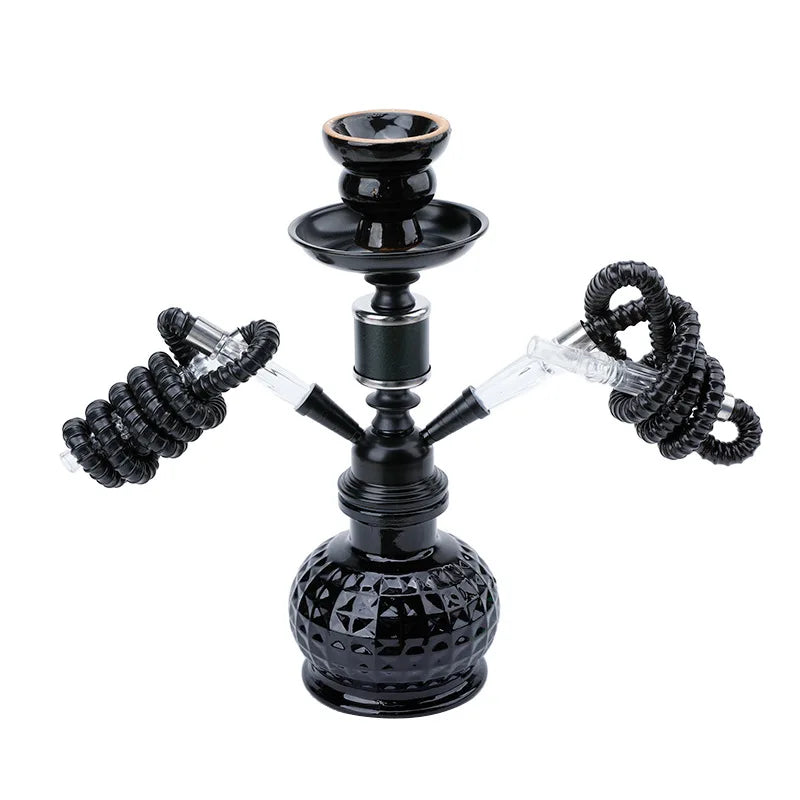 Travel Arabian Hookah Set, black glass hookah with double hose, ceramic bowl, home decoration.