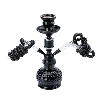 Travel Arabian Hookah Set, black glass hookah with double hose, ceramic bowl, home decoration.