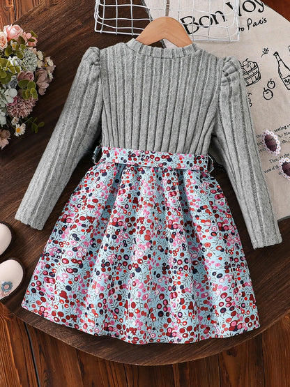 Spring and Autumn Girls' Simple Casual Versatile Knitted Round Neck Long-Sleeved Floral Dress Girls' Daily Casual Dress Good Vibrations