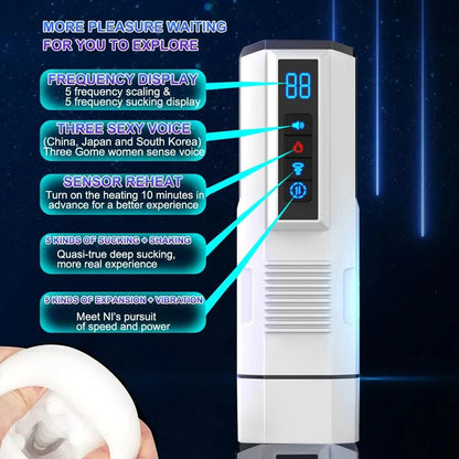 Automatic telescopic male masturbator cup with frequency display and sensor reheat.
