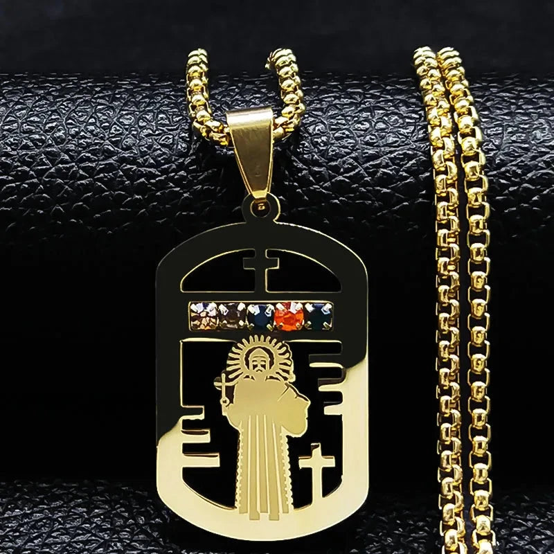 Catholic Jesus Cross Stainless Steel Necklace Saint Benedict Crystal Virgin Mary Pendant Crucifix Male Necklaces Jewelry cruz Good Vibrations