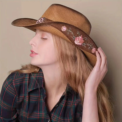 Large-brimmed Western Cowboy Hat, Outdoor Riding Hat, Beach Sun Hat, Ethnic Embroidered Flower Hat, Dance Party Hat Beach Hat Good Vibrations