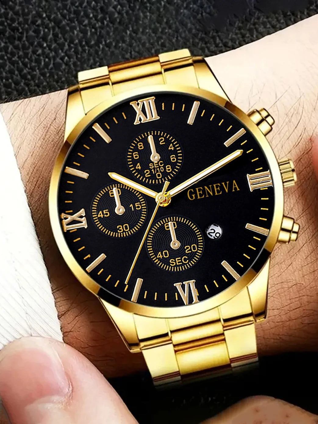 4pcs gold alloy Roman with calendar men's quartz watch and cross necklace bracelet ring set selected gift Good Vibrations