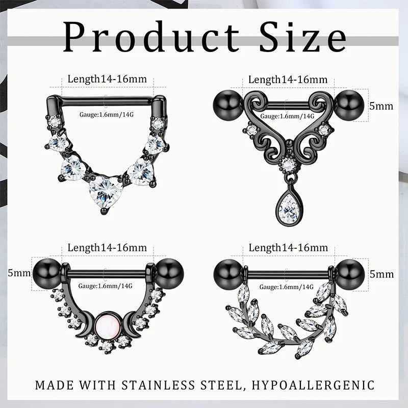 4 pairs of 14G women's nipple rings 316L stainless steel heart-shaped teardrop Moon Star opal leaf CZ barbell nipple rings Good Vibrations