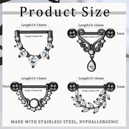 4 pairs of 14G women's nipple rings 316L stainless steel heart-shaped teardrop Moon Star opal leaf CZ barbell nipple rings Good Vibrations