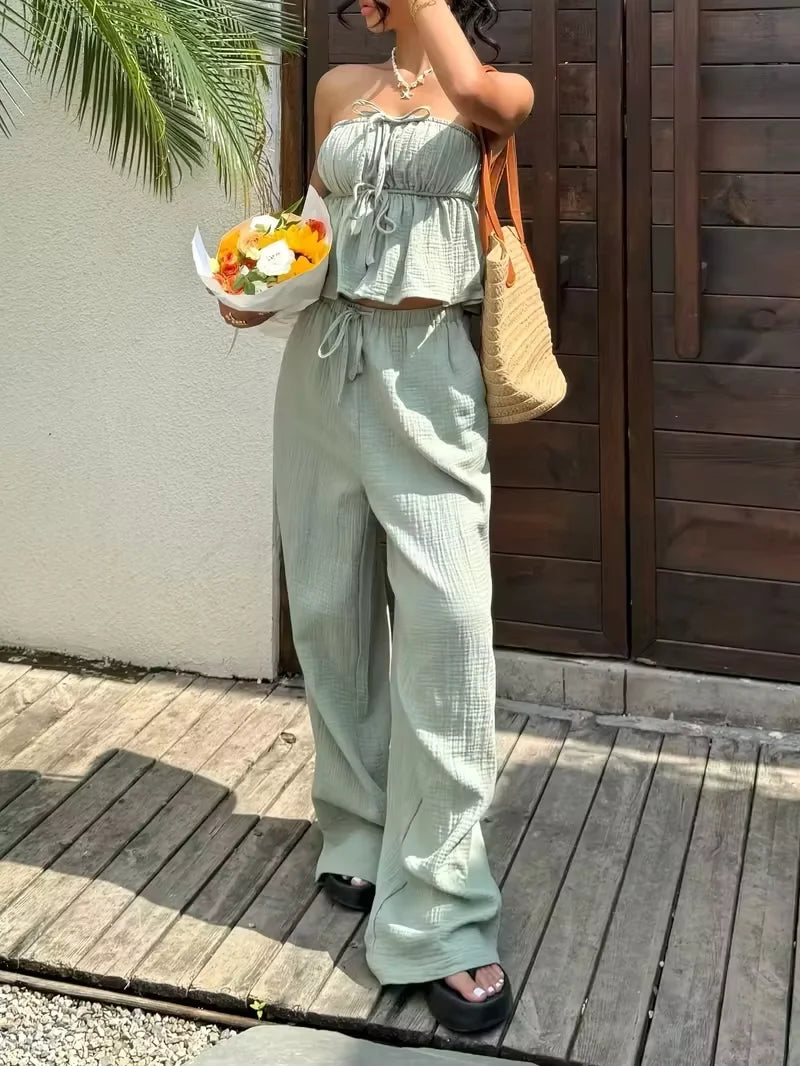 2 Piece Sets Woman Outfits, New Women's Casual Two-Piece Lace Up Top and Pants Good Vibrations
