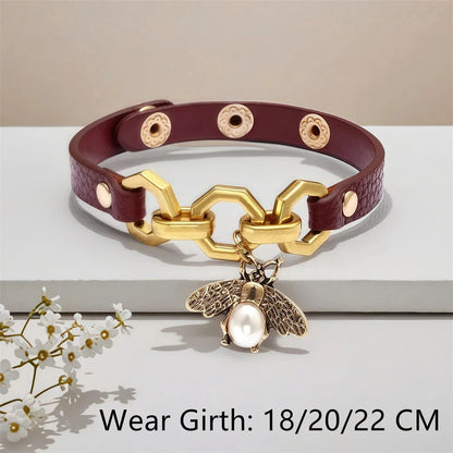 Charmsmic New Vivid Bee Pendant Charms Bracelets & Bangles For Women Punk Style Brown PU Leather Metal Button Jewelry 2024 Good Vibrations