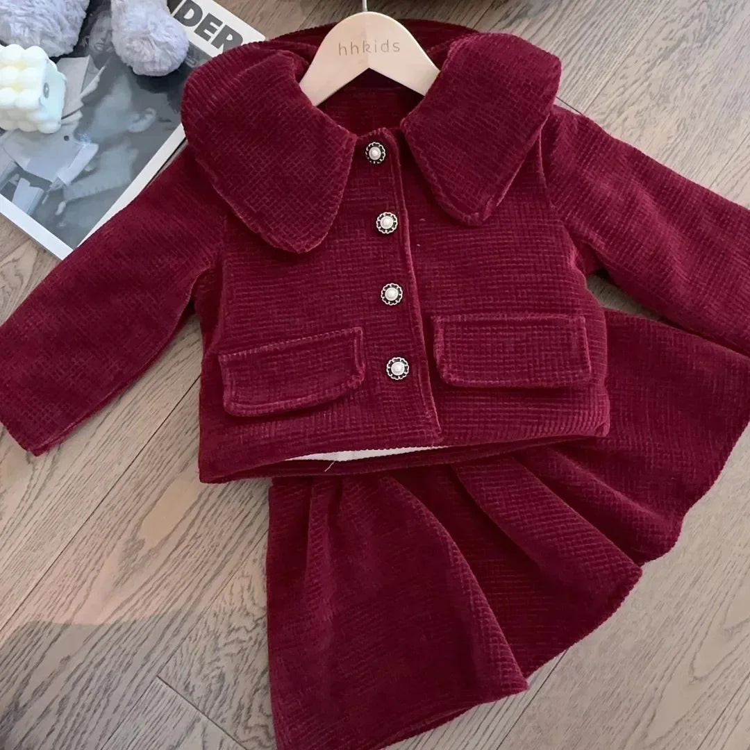 Girls Set Red New Year Dress Set  New Baby Cotton Clip Thickened Women Treasure Coat Top Autumn/Winter Plush Skirt Two Piece Set Good Vibrations