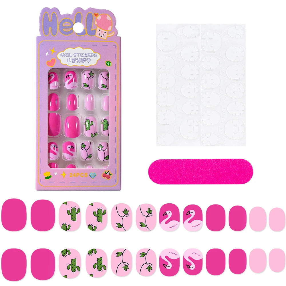 24Pcs/box Kids nails for Girl Cartoon Pattern False Nail Cute Child Fake Nails Tips Kawaii Acrylic Artificial Press on Nail+Tool Good Vibrations