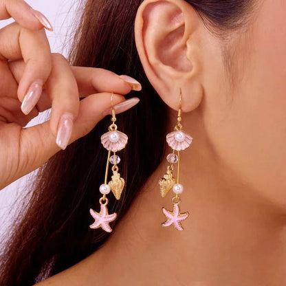 Fashion Asymmetric Ocean Style Earrings Stud  For Women Starfish Shell Earring Ear Ring Imitation Pearl Zircon Jewelry Gift Good Vibrations