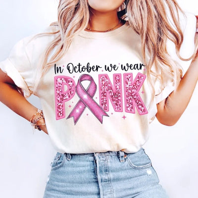 In October We Wear Pink Tshirt Breast Cancer Awareness Shirt Fight Cancer Short Sleeve Creative Printed Women Cotton Tee Tops