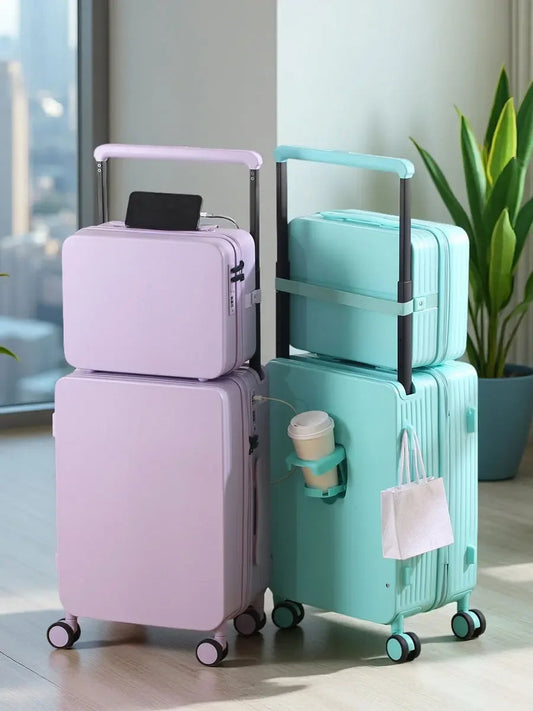 20+14"24+14" Luggage Set with USB & Cup Holder TSA Lock 360° Wheels Side-standing foot hook PC+ABS Suitcase Foldable Travel case Good Vibrations