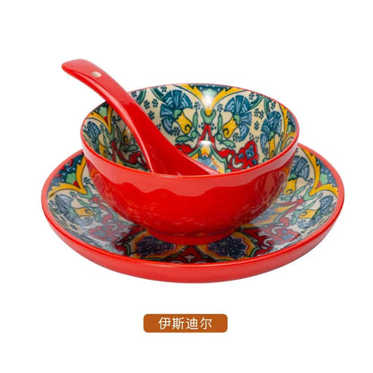 Ceramic Tableware Set Three-Piece Household Rice Bowl Plate Spoon Set Restaurant Hot Pot Barbecue Shop Commercial Good Vibrations