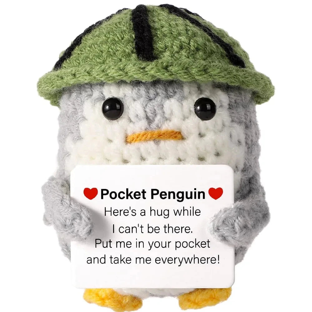Funny Positive Energy Penguin Hug Pocket Doll Mini Handmade Plush Knitted Penguin Ornament Home Room Decoration Christams Gift Good Vibrations