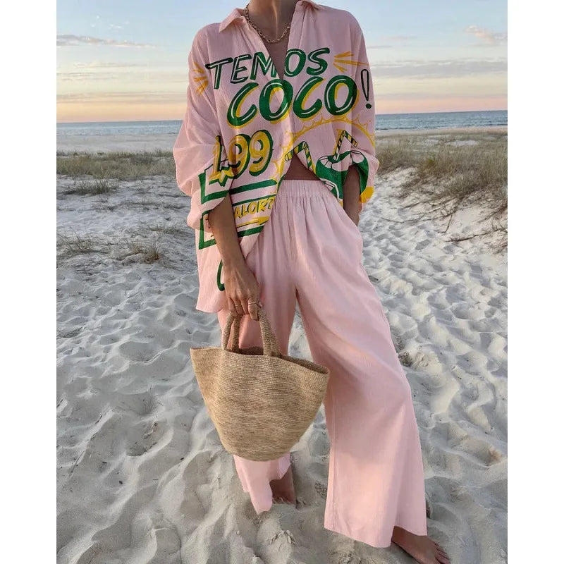 Women's Two Piece Set Print Shirt Pants Suit Single Breasted Lapel Short Sleeve Shirt And Wide Leg Trousers Sets, Lady Outfits Good Vibrations