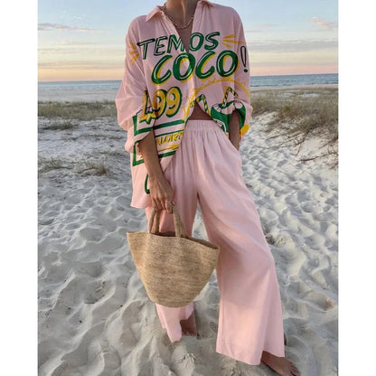 Women's Two Piece Set Print Shirt Pants Suit Single Breasted Lapel Short Sleeve Shirt And Wide Leg Trousers Sets, Lady Outfits Good Vibrations