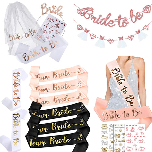 Hen Party Supplies Set Bride To Be Sash Bridal Veil Headband Tiara Tattoos Bridal Shower Wedding Decoration Bachelorette Favors Good Vibrations