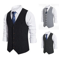 Men's Vintage Casual Black Grey Striped Single Breasted Suit Vest Elegant V Neck Gentleman Business Party Wedding Prom Vest Set Good Vibrations