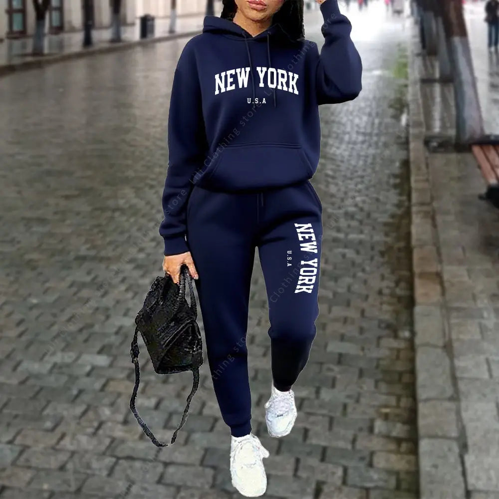 NEW YORK Women's Tracksuit Autumn Winter Hoodies Trousers 2PCS Suit Sports Jogging Street High quality Clothes Women Pants Sets Good Vibrations