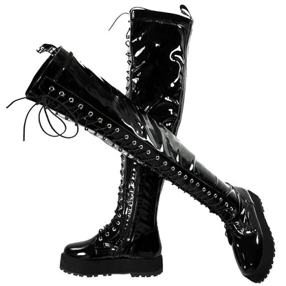 Thigh High Platform Pumps US 12 Shoes Women Plus Size 50 49 Black Patent Leather Over The Knee High Boots Big Size 48 47 Shoes Good Vibrations