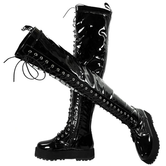 Thigh High Platform Pumps US 12 Shoes Women Plus Size 50 49 Black Patent Leather Over The Knee High Boots Big Size 48 47 Shoes Good Vibrations
