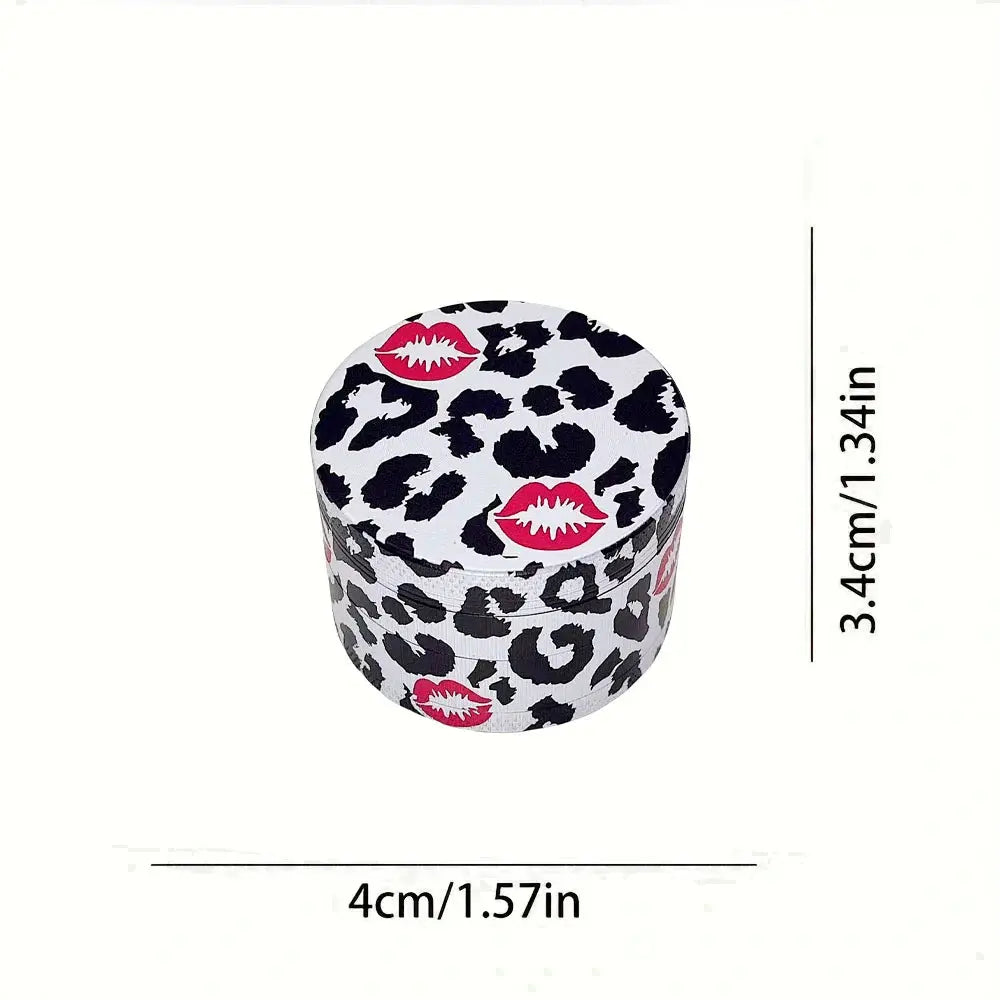 40/50mm leopard print herb grinder with dimensions 4cm by 3.4cm.
